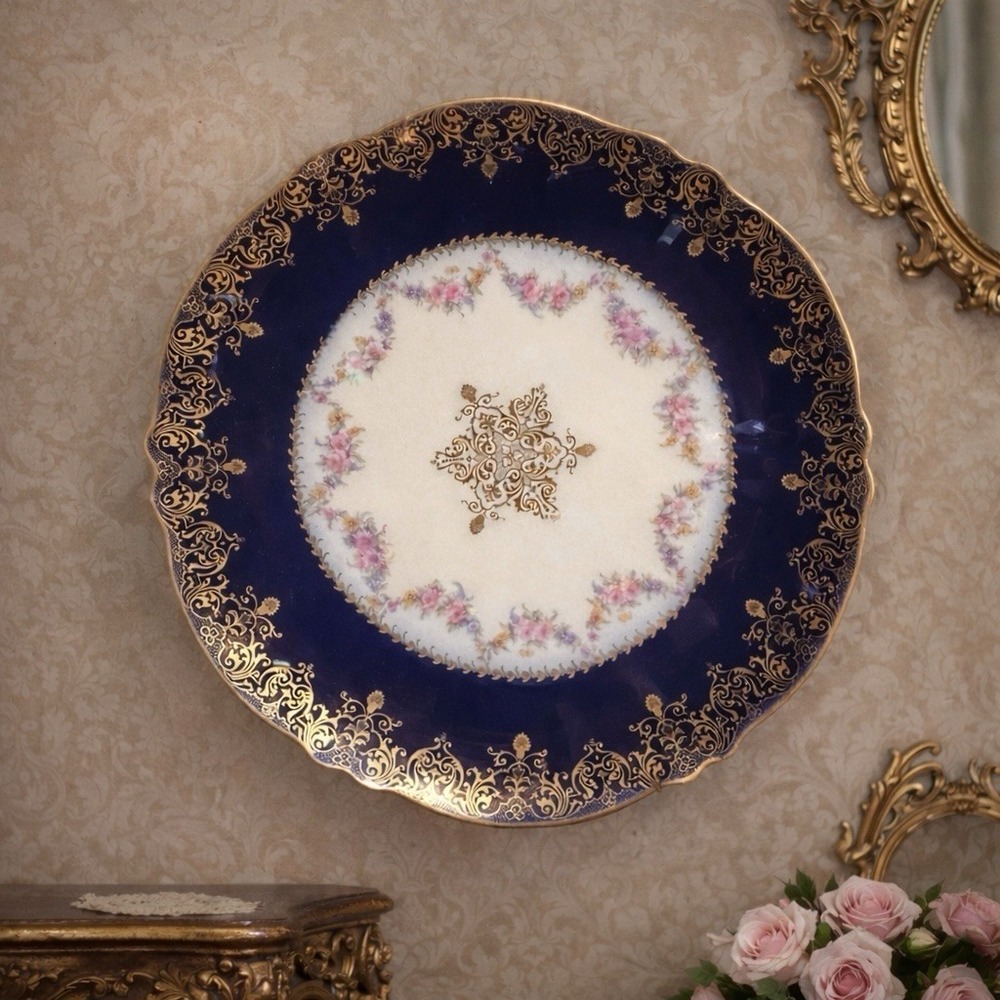 Antique Théodore Haviland Limoges France 7.5" Plate Cobalt Blue Gold w/ Hanger